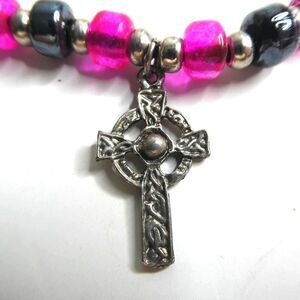 Celtic Knot Cross Pendant Beaded Cord Necklace Pink Silver Tone Black Modern